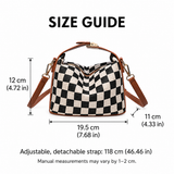 English size guide: 19.5 x 12 x 11 cm; 118 cm strap.