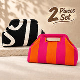 Striped Knit Makeup Bag for Women – Large Capacity Clip-Top Cosmetic Pouch & Travel Toiletry Organizer
