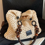 Women's Elegant Crochet Crossbody Shoulder Bag with Wooden Bead Decor, High-Quality Fashion Crossbody Purse, Casual Trendy Bag - image 5