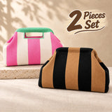 Striped Knit Makeup Bag for Women – Large Capacity Clip-Top Cosmetic Pouch & Travel Toiletry Organizer