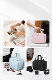 Organizer bag in use at home and while travelling, with Light Pink, Ivory, Light Blue and Black styles