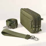 olive nylon wallet in three-quarter side view with matching wristlet and crossbody straps
