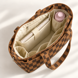WeeNOD Denim Day Tote – caramel and espresso checkerboard color design