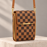 WeeNOD Phone Window Crossbody — Black – caramel and espresso checkerboard color design