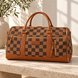 WeeNOD Cream & Cognac Garment Roller Bag – caramel and espresso checkerboard color design