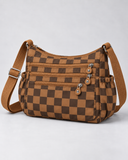 WeeNOD Mint Multi-Pocket Crossbody – caramel and espresso checkerboard color design