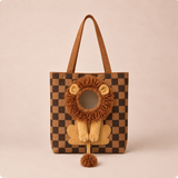 WeeNOD Lion Mane Pet Carrier Tote – Canvas Shoulder Bag – caramel and espresso checkerboard color design