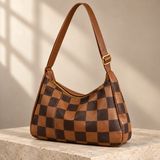 WeeNOD Espresso Slouch Shoulder Bag – caramel and espresso checkerboard color design