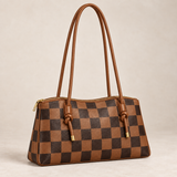 WeeNOD Espresso Knot Shoulder Bag – caramel and espresso checkerboard color design