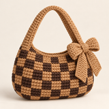 WeeNOD LoopMuse Bow Crochet Bag — DIY Kit or Ready-Made – caramel and espresso checkerboard color design
