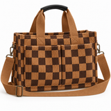 Everyday Corduroy Tote Bag with Front Pockets & Adjustable Strap – caramel and espresso checkerboard color design