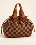 WeeNOD Brown Polka Dot Lunch Tote – caramel and espresso checkerboard color design