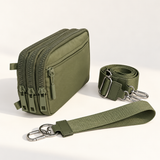 olive nylon wallet in three-quarter side view with matching wristlet and crossbody straps