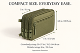 Wallet dimensions: 7 by 4.3 by 2 inches; strap lengths shown in inches and centimeters