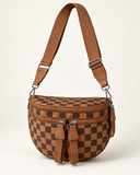 WeeNOD Twin-Pocket Crossbody – caramel and espresso checkerboard color design